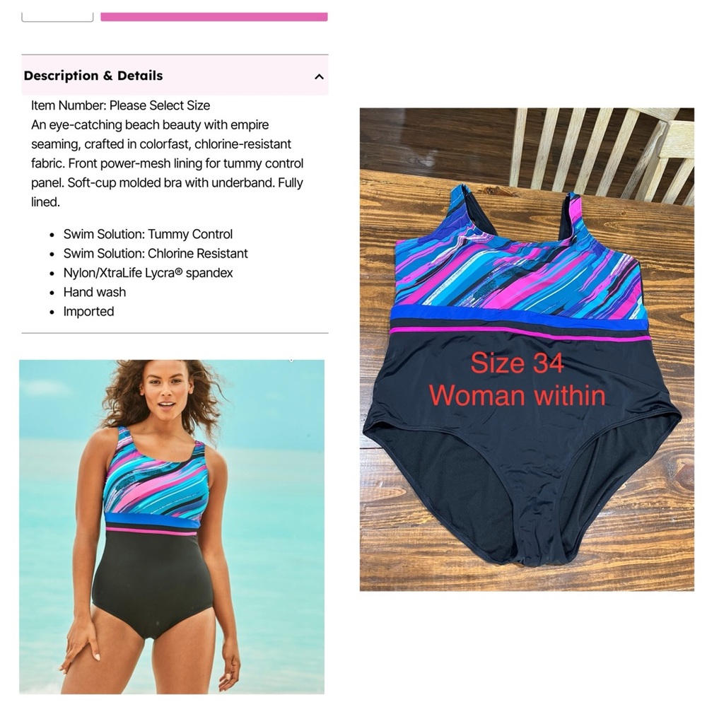 One piece swim suit.  Woman within size 34.  Only worn a few times.